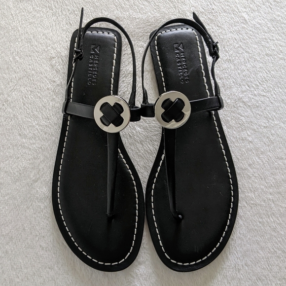 Mercedes Castillo Leather T-Strap Thong Sandal Flat Black Silver EU40 10 NWOB - Picture 15 of 15